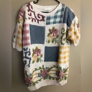 Vintage Hand Knitted JENNIFER REED Cottagecore Floral Block Sweater  Size S